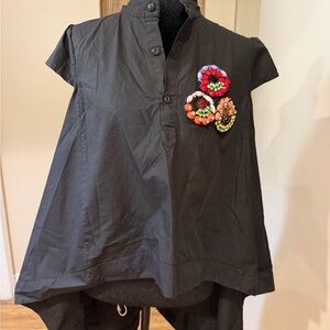 Black Button-Up Blouse with Colorful Embellishments